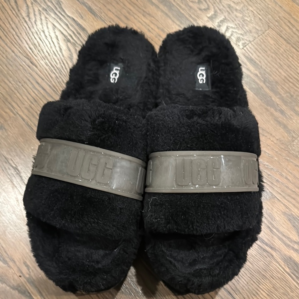 UGG Black Fuzzy Slippers